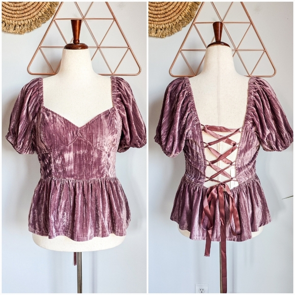 Anthropologie, New, Porridge Purple Velvet Lace-up Peplum Shirt, Size Large - Picture 2 of 16